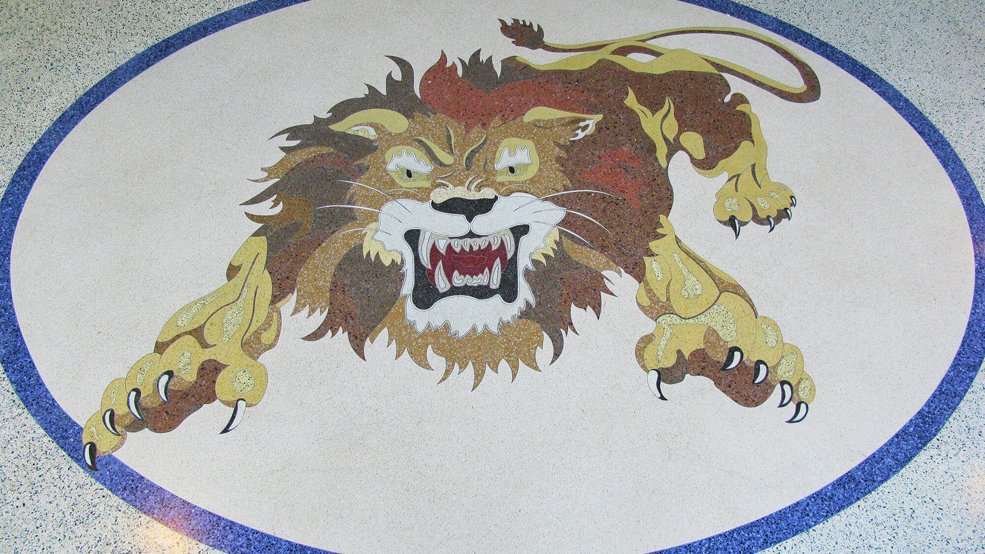 Terrazzo mascot floor installation at a school